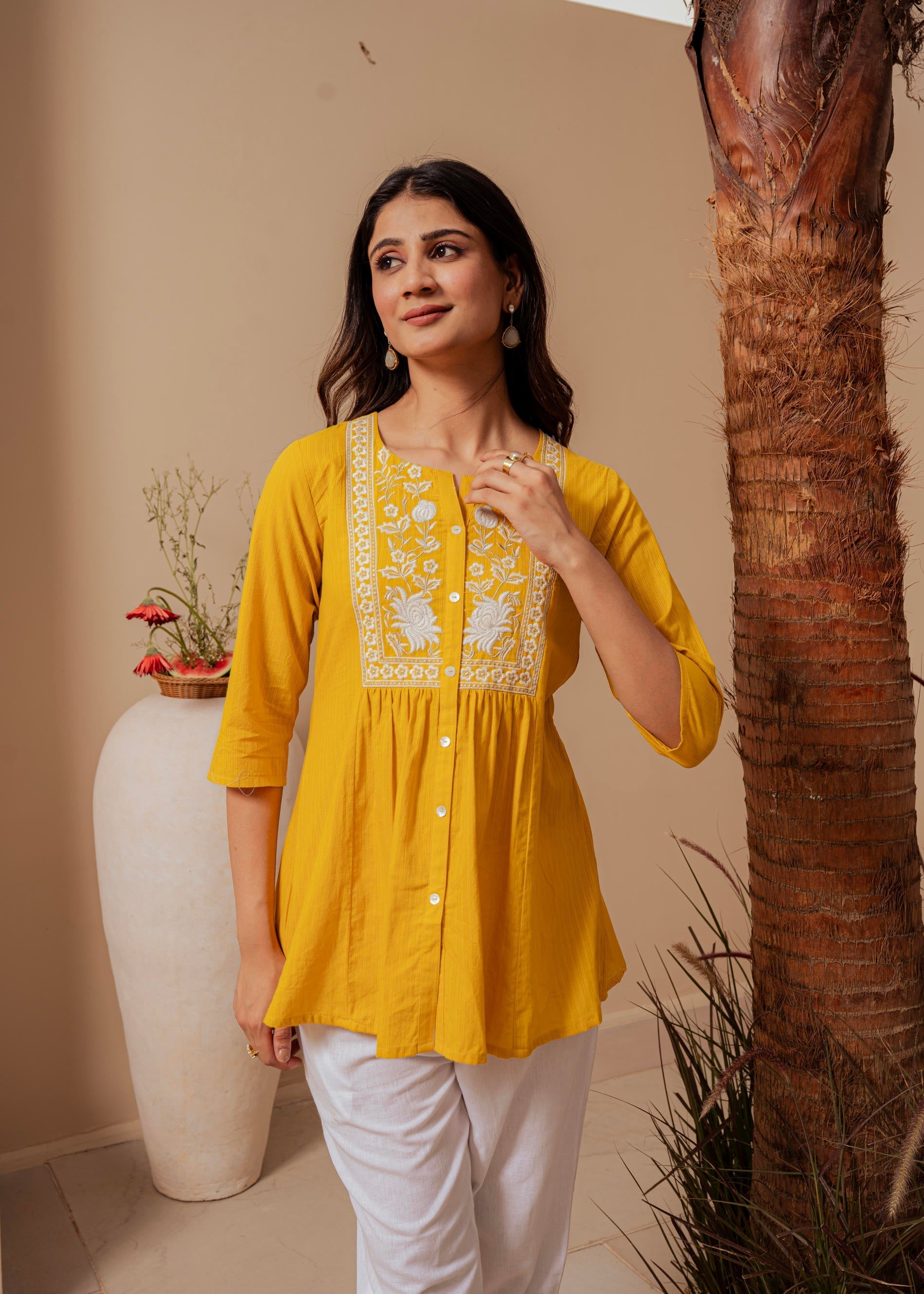 Juniper Mustard Striped Cotton Tunic With Thread Work And Button Detailing