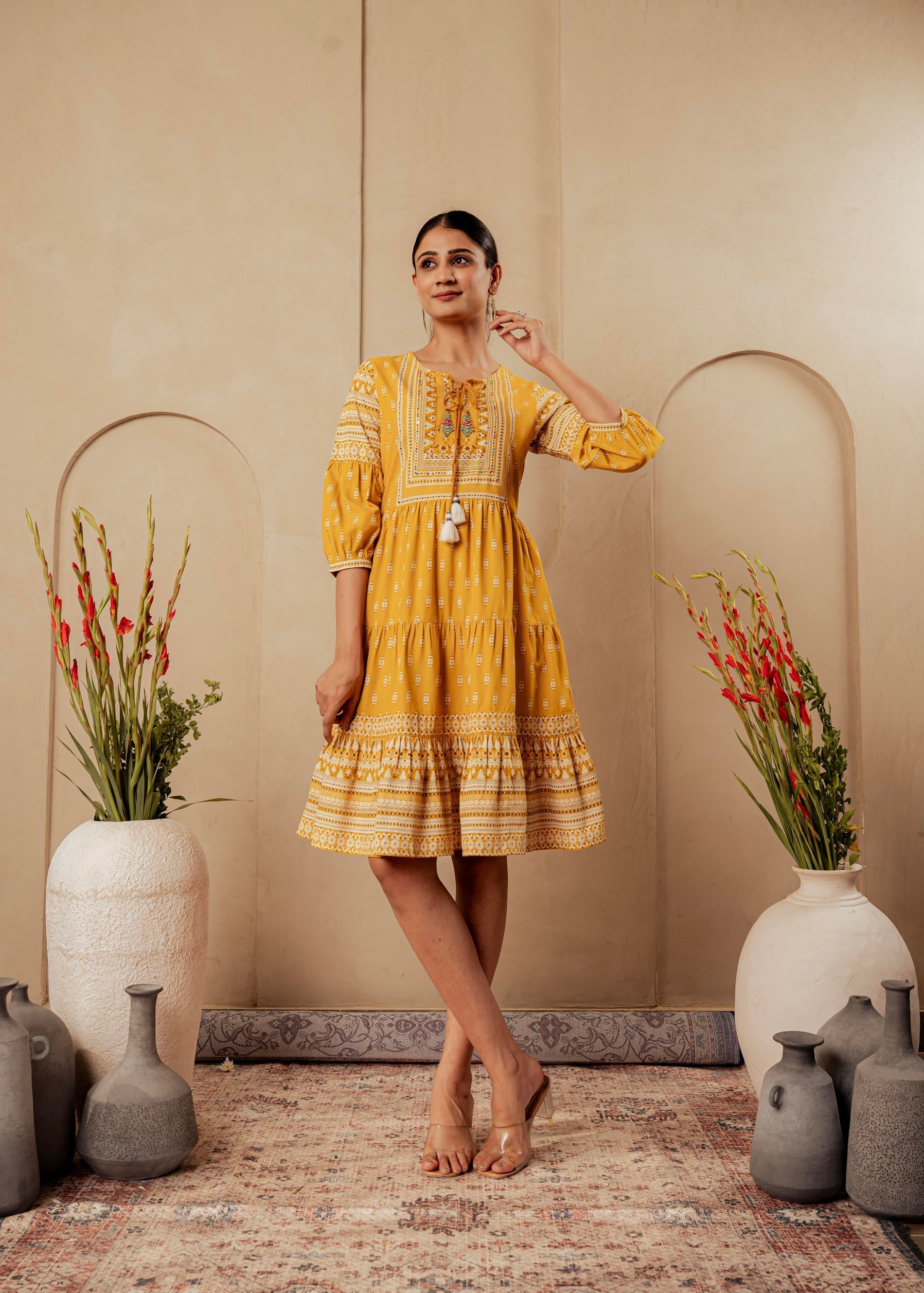 Juniper Mustard Ethnic Motifs Viscose Tiered Short Dress With Beads, Sequence, Dori