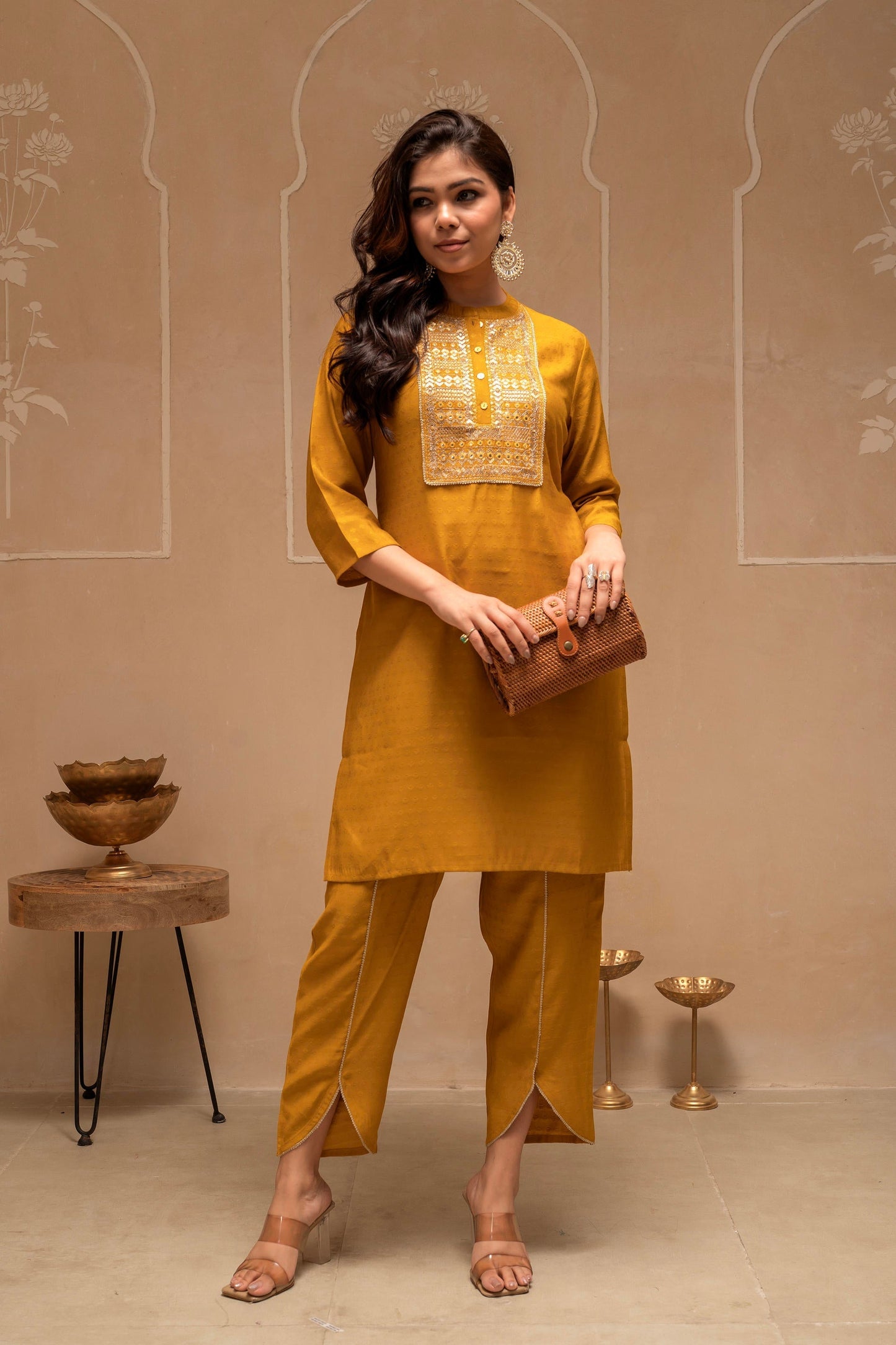 Juniper Mustard Solid Viscose Tunic And Pant Co-Ord Set With Mirror, Thread Work, Button & Sequence