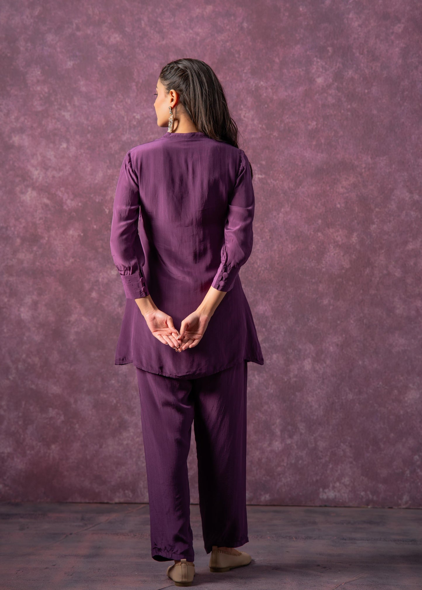 Juniper Viscose Purple Embellished Tunic And Pant Co-Ord Set With Bead Details