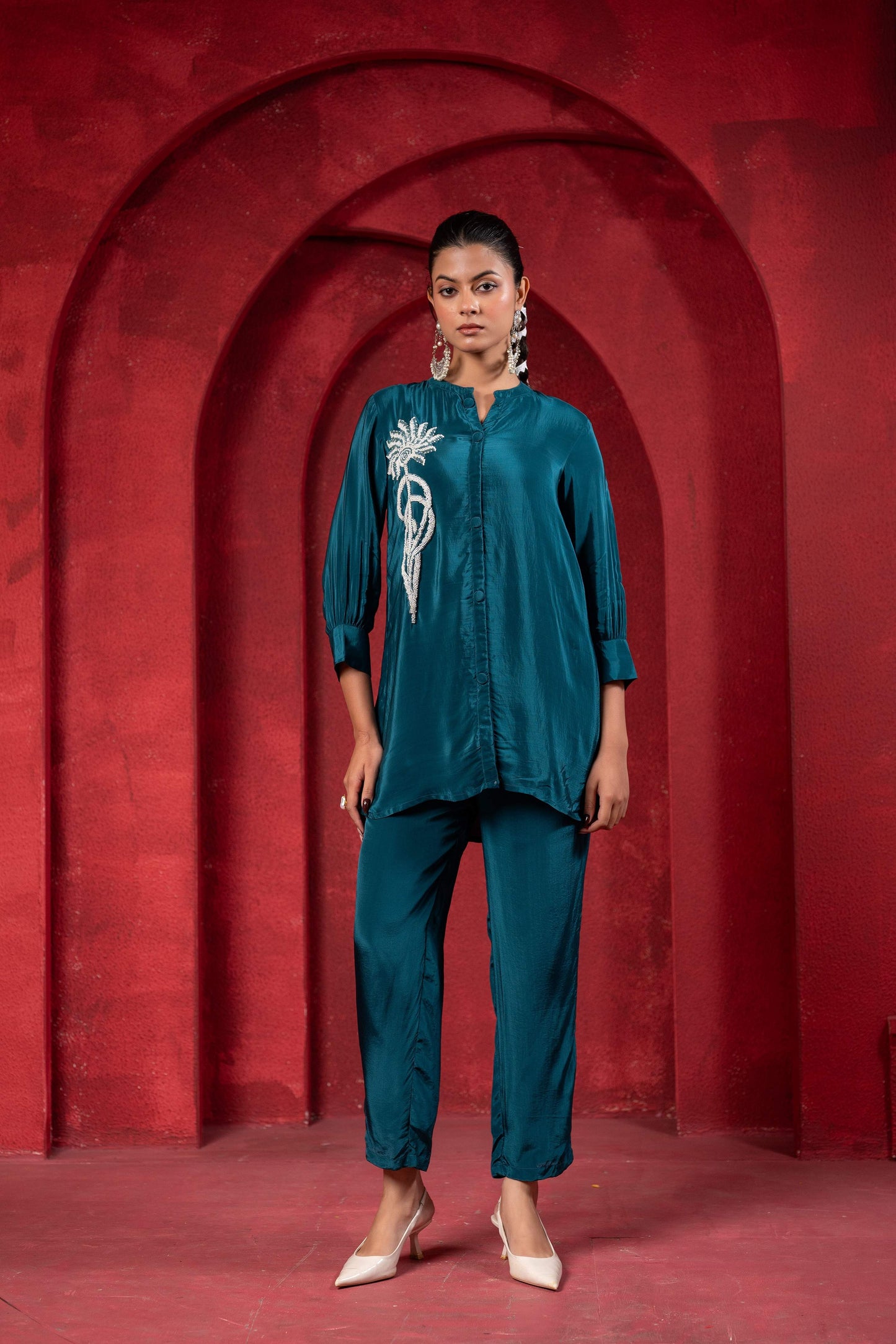 Juniper Teal Embellished Viscose Co-Ord Set With Bead Detailing