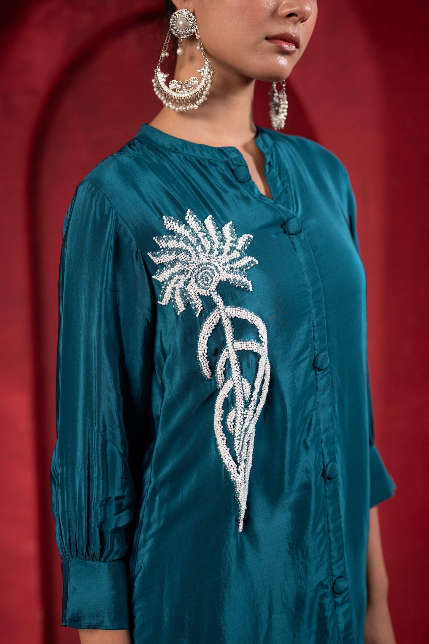 Juniper Teal Embellished Viscose Co-Ord Set With Bead Detailing