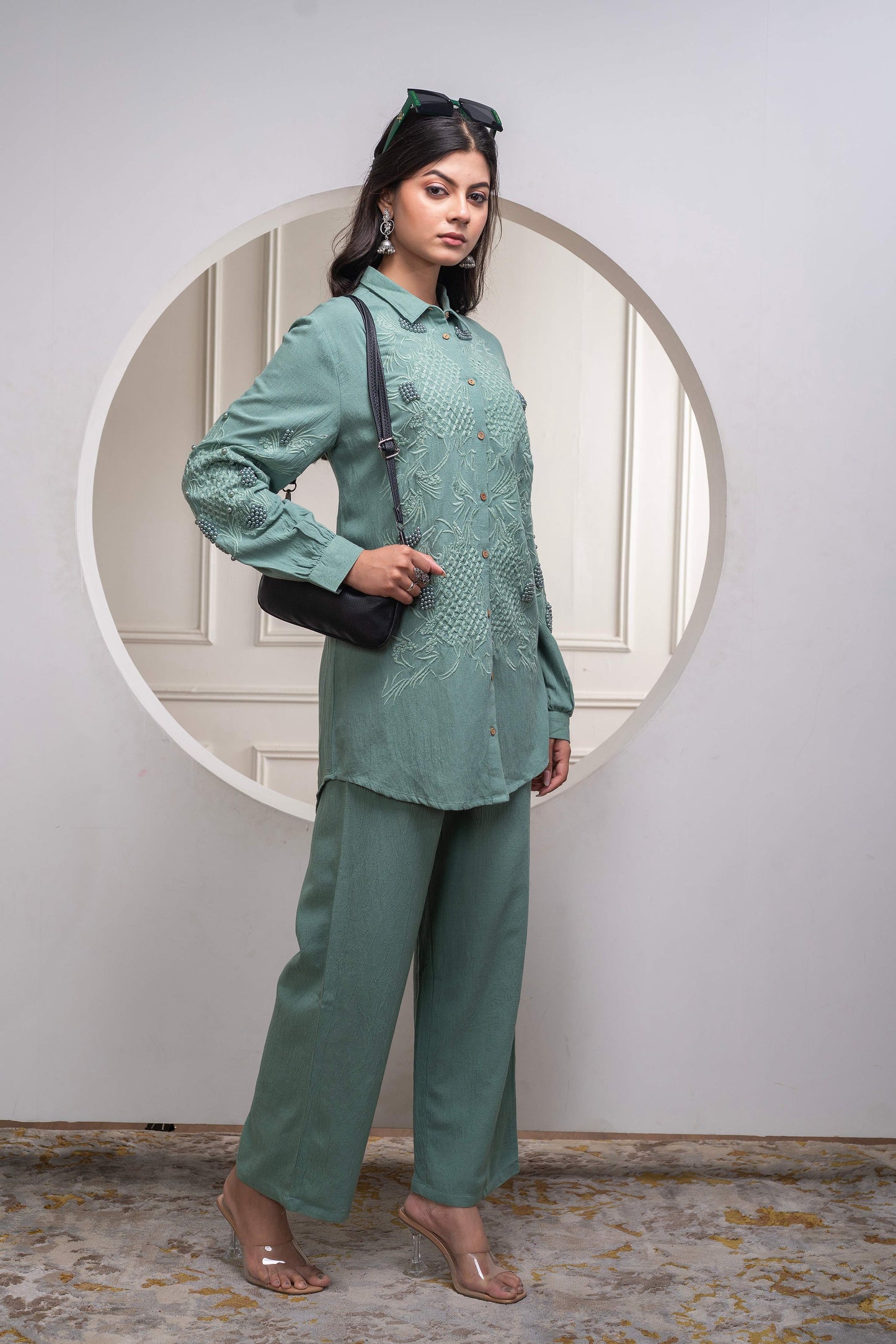 Juniper Sage Green Embellished Viscose Co-Ord Set With Bead Details