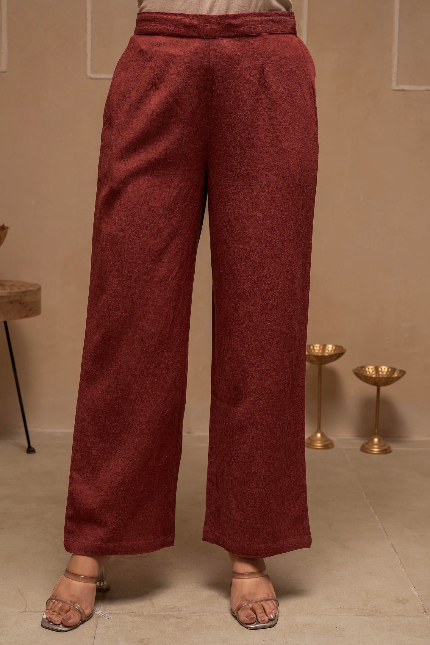Juniper Brown Embellished Viscose-Linen Co-Ord Set With Sequin Detailing