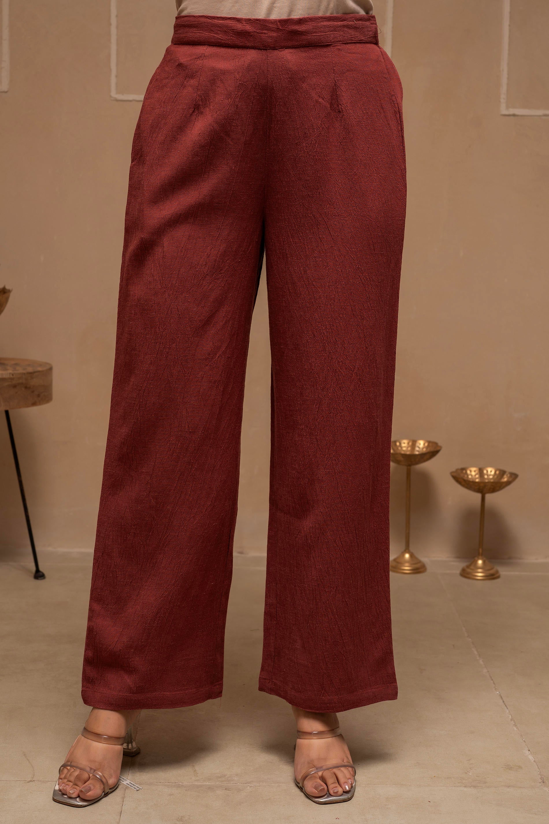 Juniper Brown Embellished Viscose-Linen Co-Ord Set With Sequin Detailing