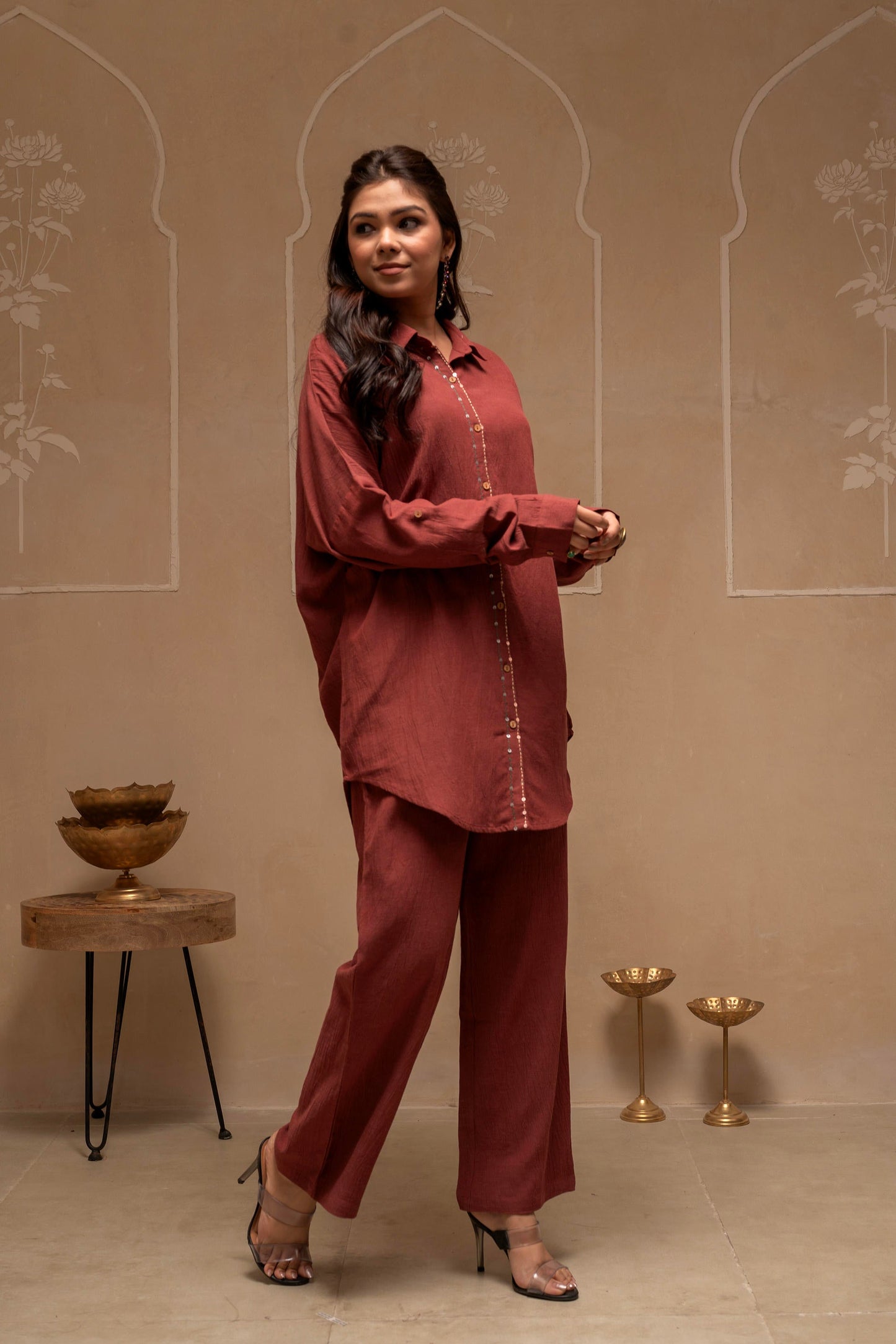 Juniper Brown Embellished Viscose-Linen Co-Ord Set With Sequin Detailing