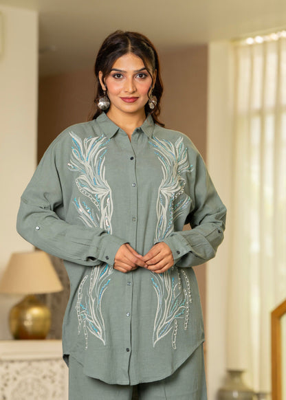 Juniper Sage Green Embroidered Viscose Co-Ord Set With Beads & Sequin Accents