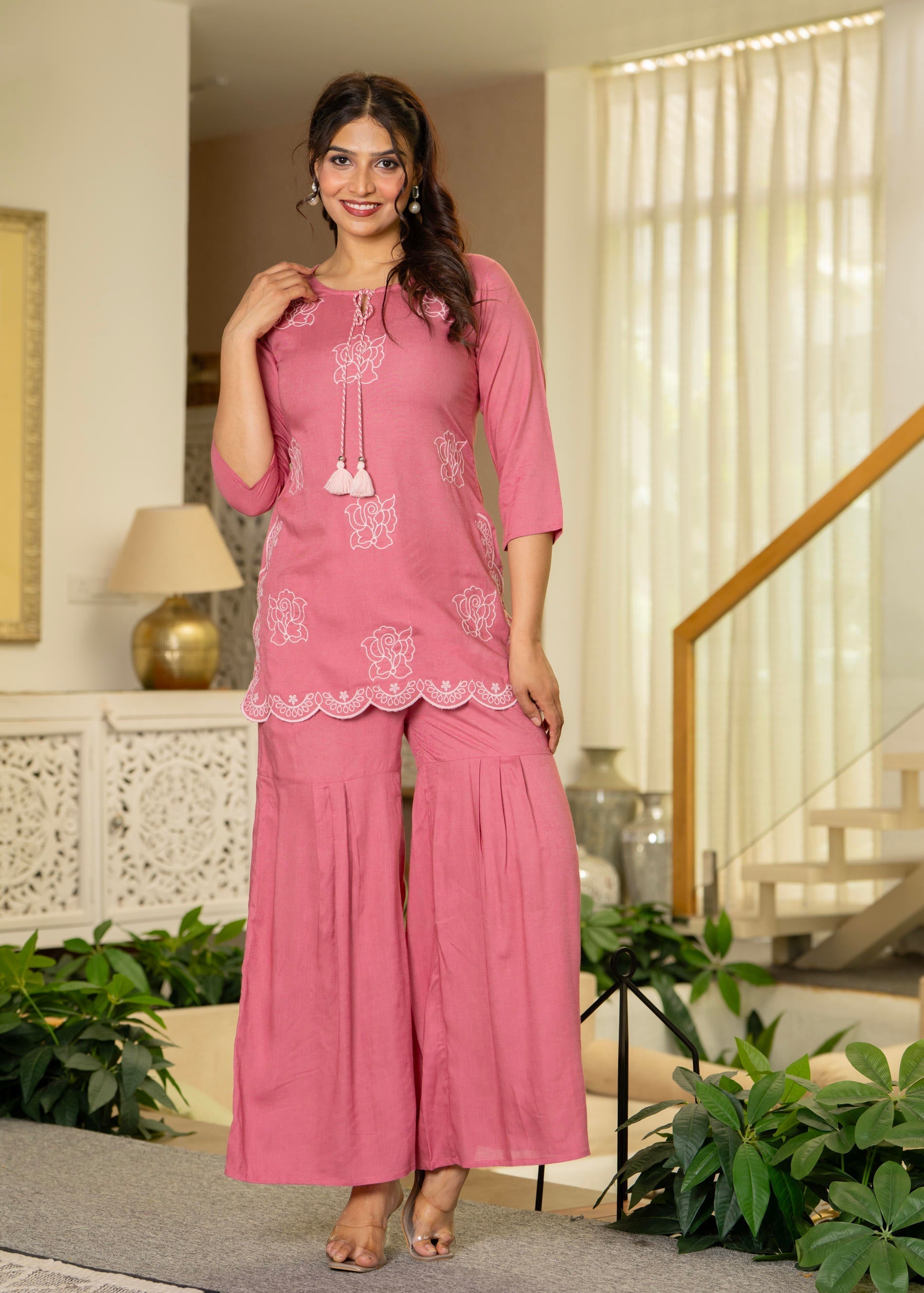 Juniper Dusty Pink Solid Viscose Tunic And Pants Co-Ord Set With Thread Work And Sequence