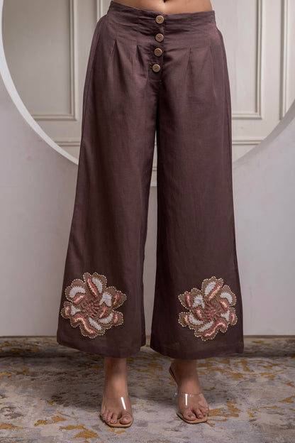 Juniper White & Brown Cotton-Viscose Embroidered Co-Ord Set With Thread Work & Lace