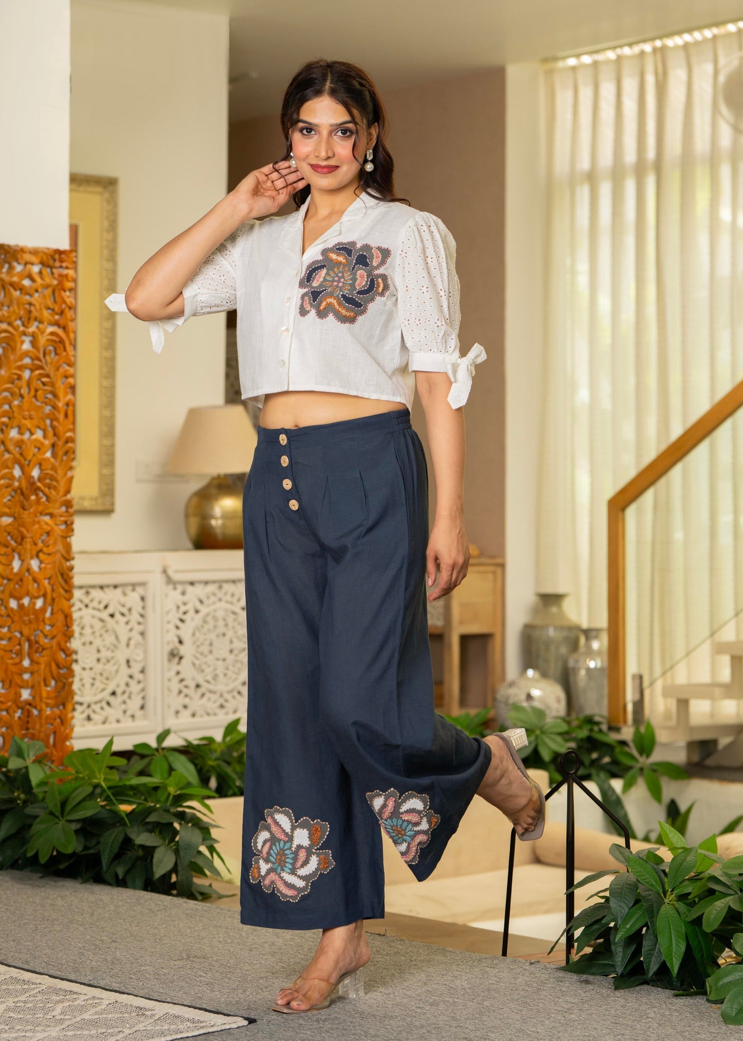 Juniper White & Teal Cotton-Viscose Embroidered Co-Ord Set With Thread Work & Lace