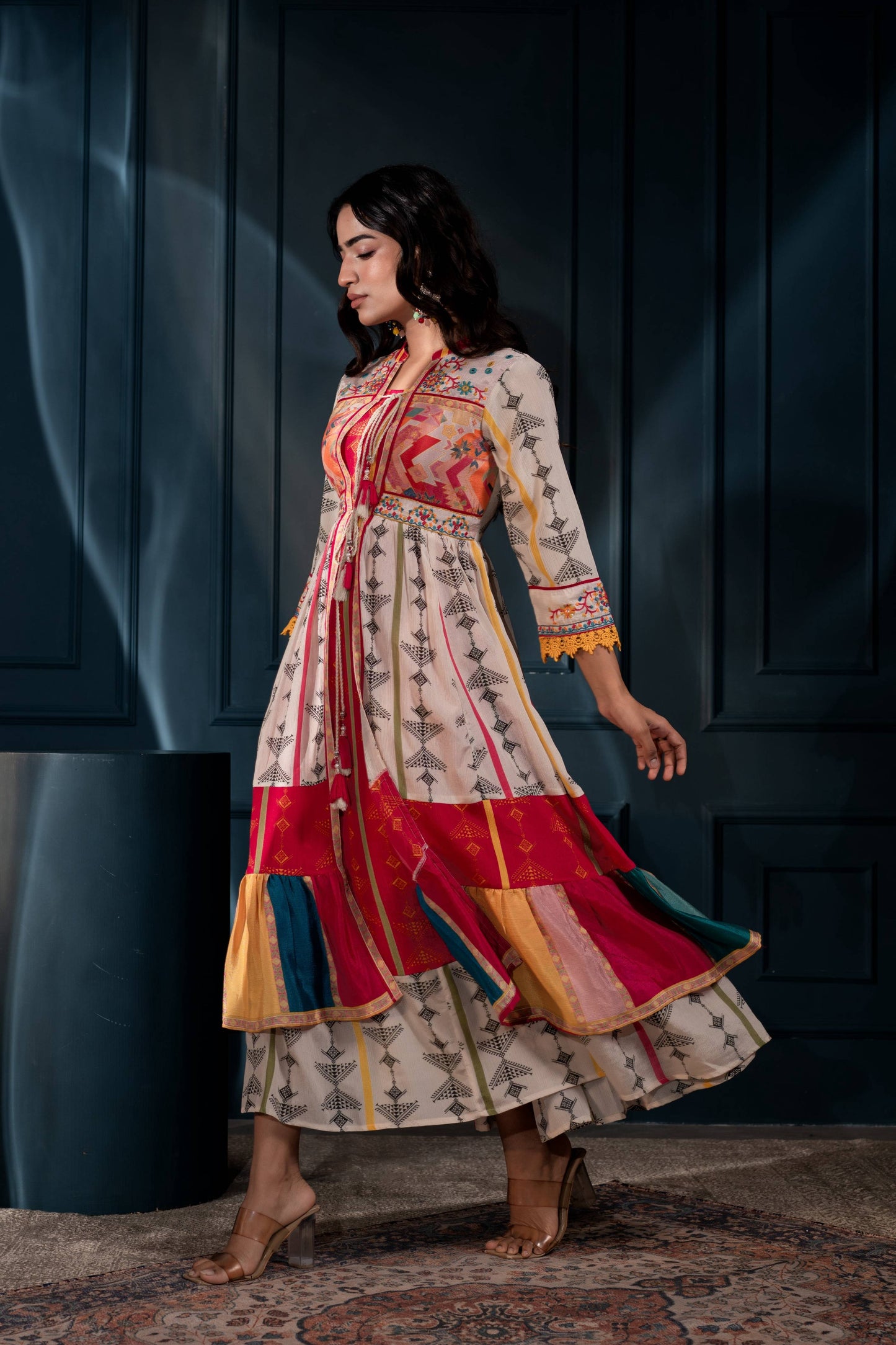 Juniper Ivory Man Made Fiber Ethnic Gathered Flared Long Dress With Mirror & Thread Work