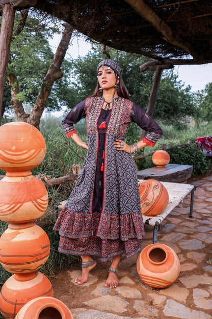 Juniper Black Embroidered Double-Layered Long Dress With Inner & Mirror Work