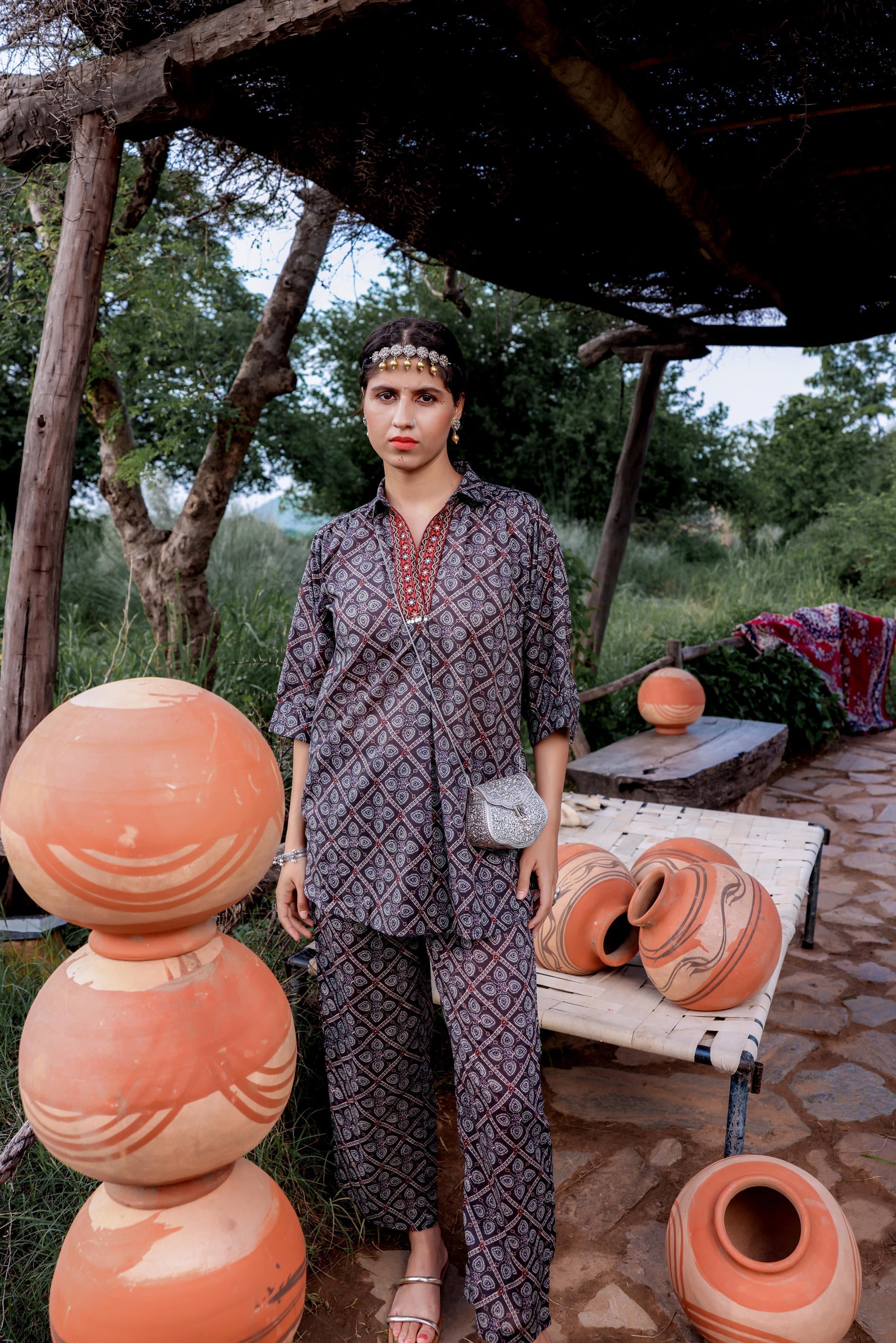 Juniper Black Floral Embroidered Co-Ord Set With Tunic & Printed Pants