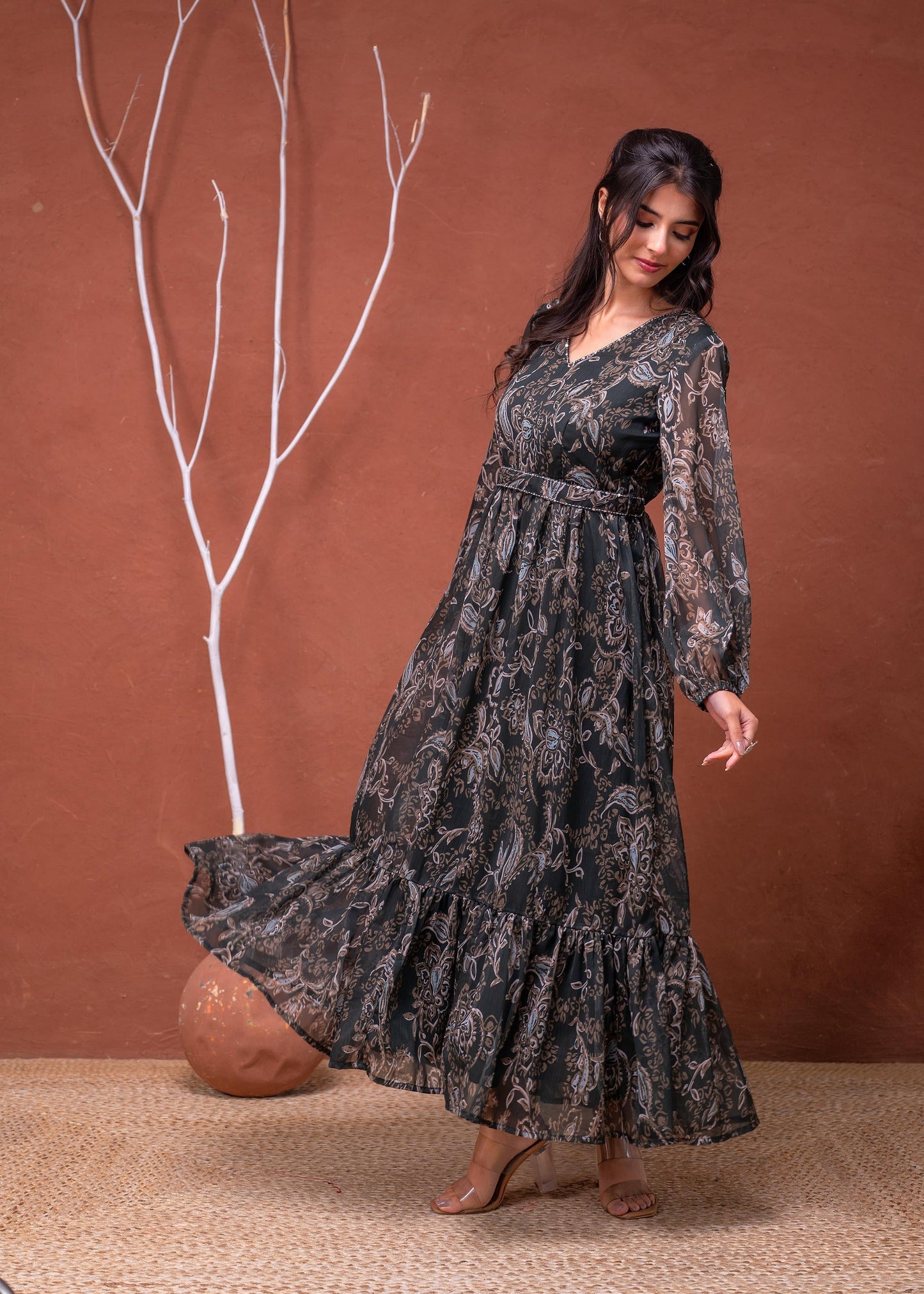 Juniper Floral Printed Dress With Sheer Sleeves & Beaded Waist Detailing