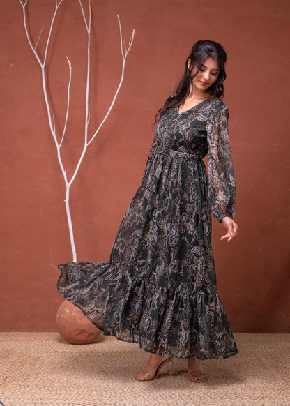 Juniper Floral Printed Dress With Sheer Sleeves & Beaded Waist Detailing