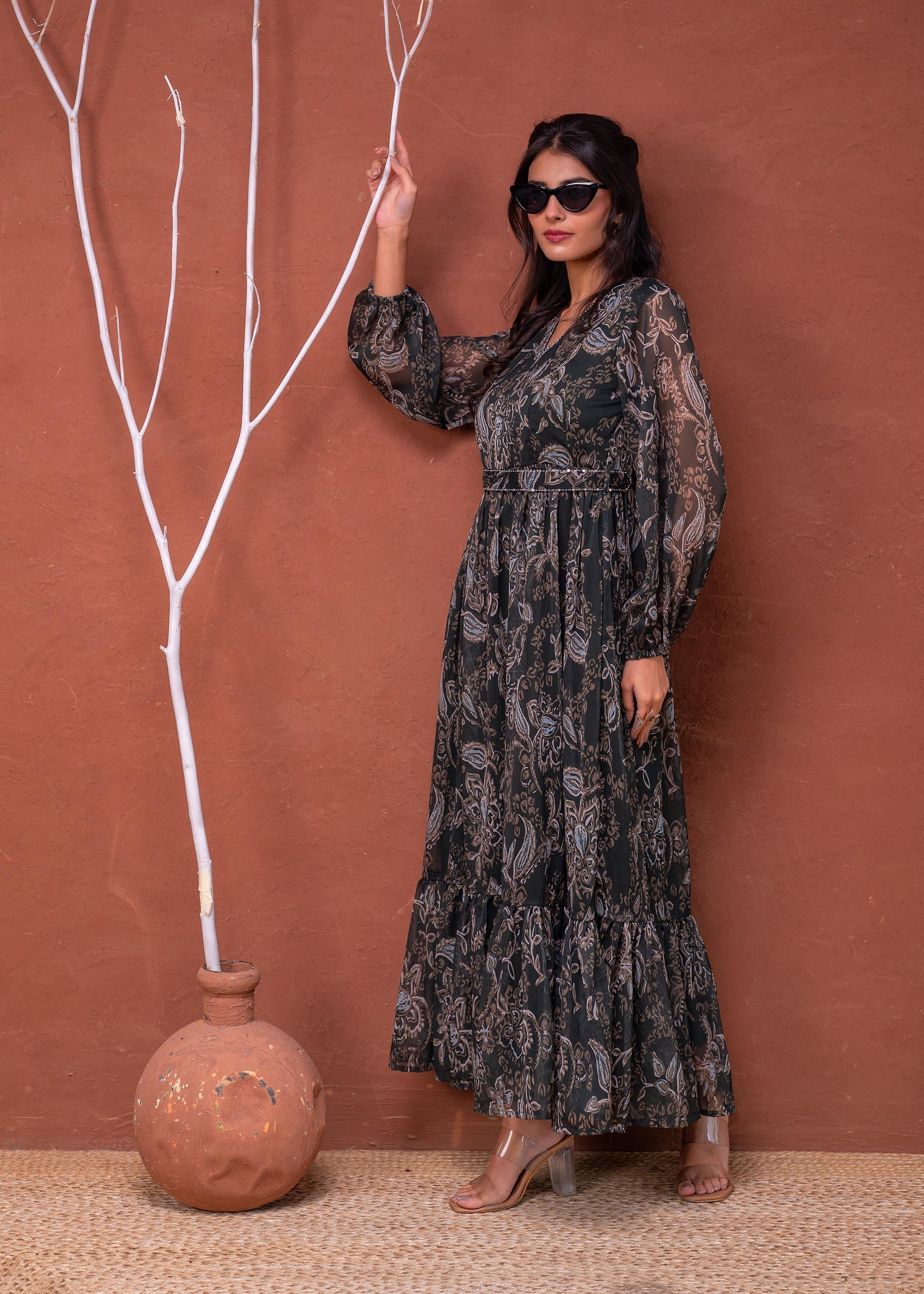 Juniper Floral Printed Dress With Sheer Sleeves & Beaded Waist Detailing