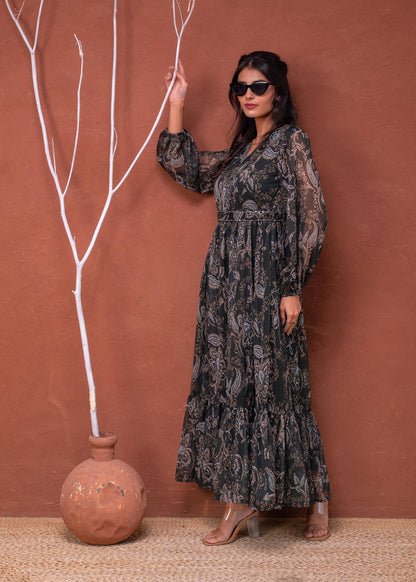 Juniper Floral Printed Dress With Sheer Sleeves & Beaded Waist Detailing