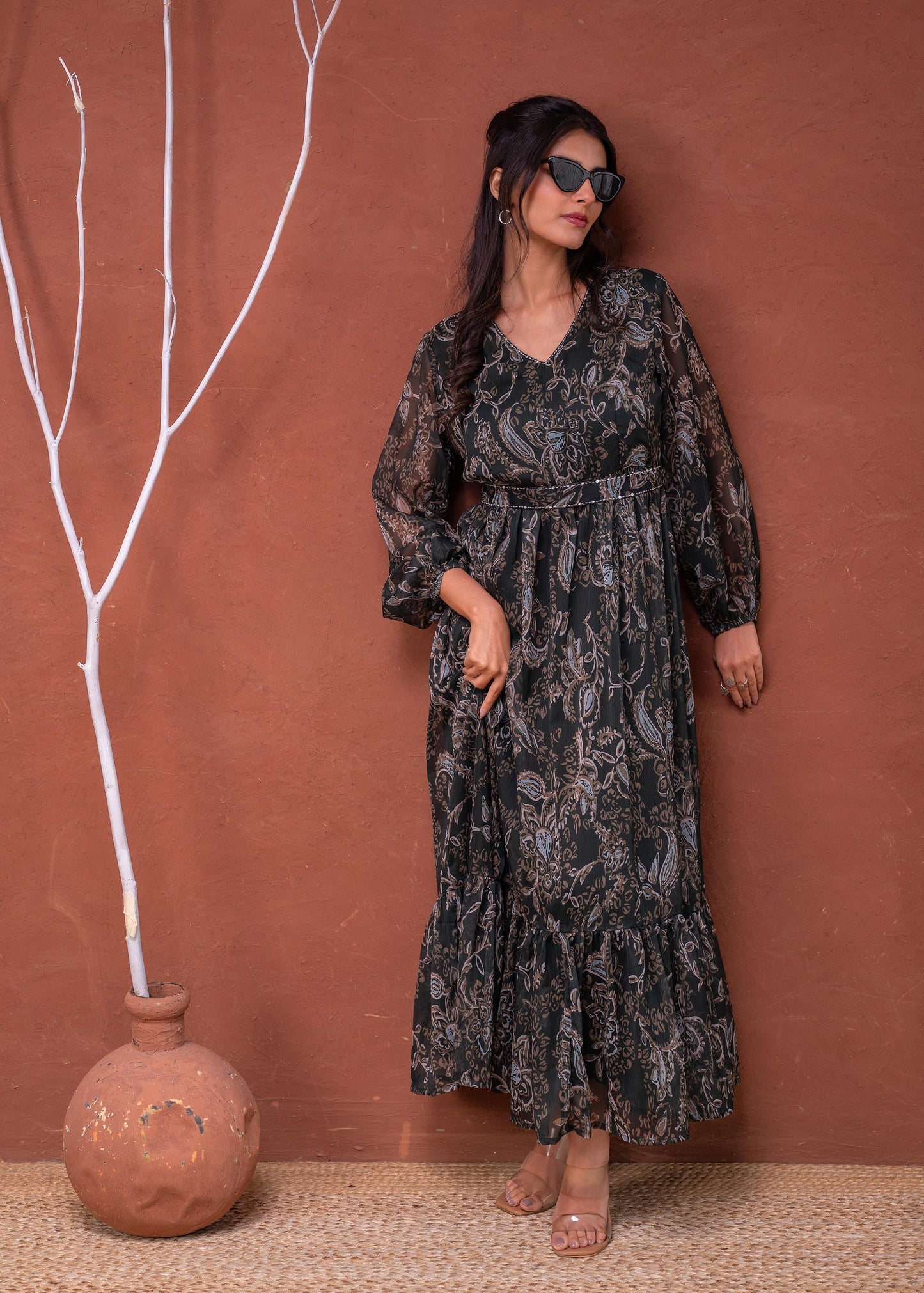 Juniper Floral Printed Dress With Sheer Sleeves & Beaded Waist Detailing