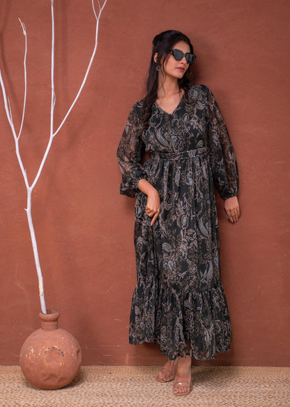 Juniper Floral Printed Dress With Sheer Sleeves & Beaded Waist Detailing