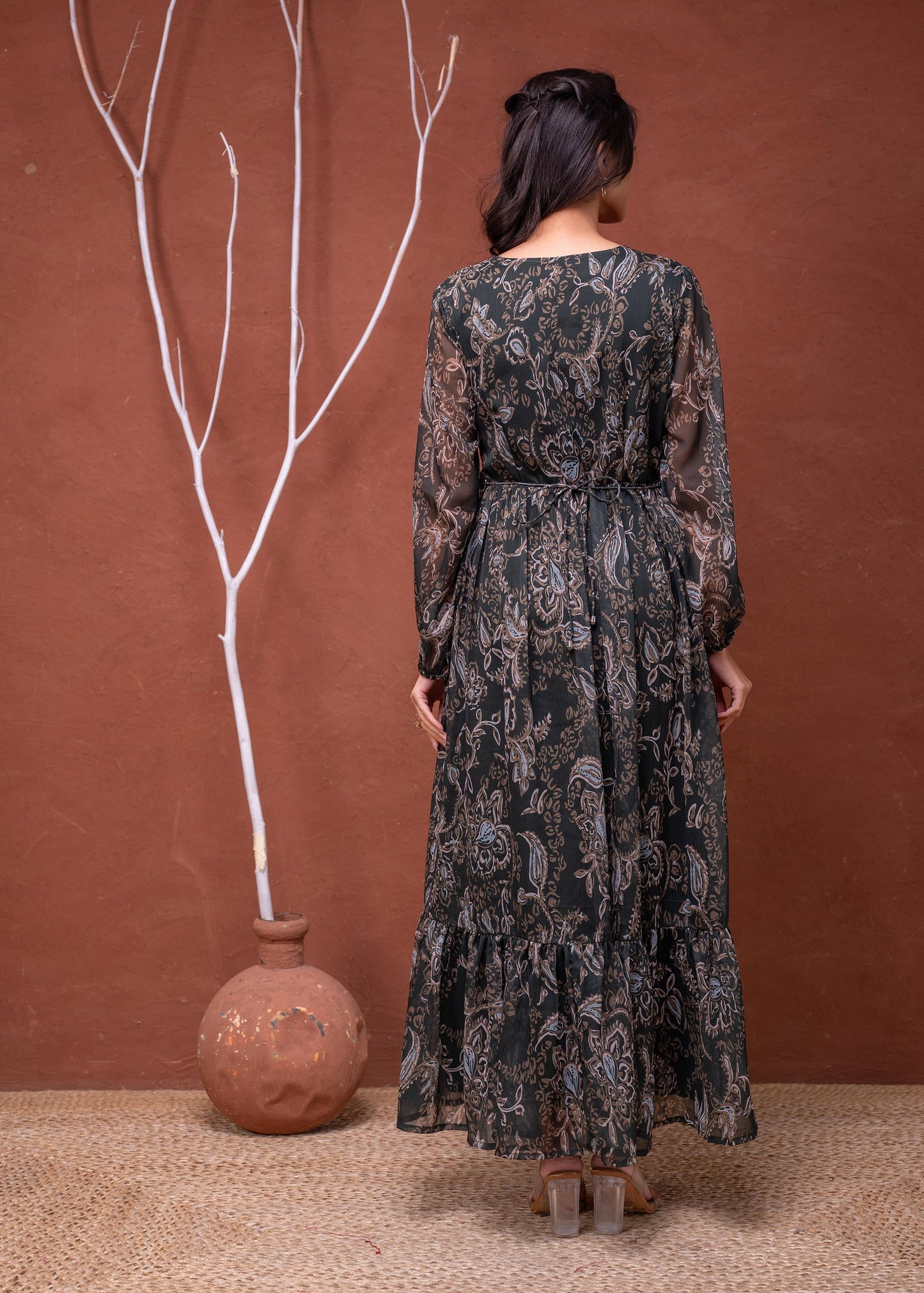 Juniper Floral Printed Dress With Sheer Sleeves & Beaded Waist Detailing
