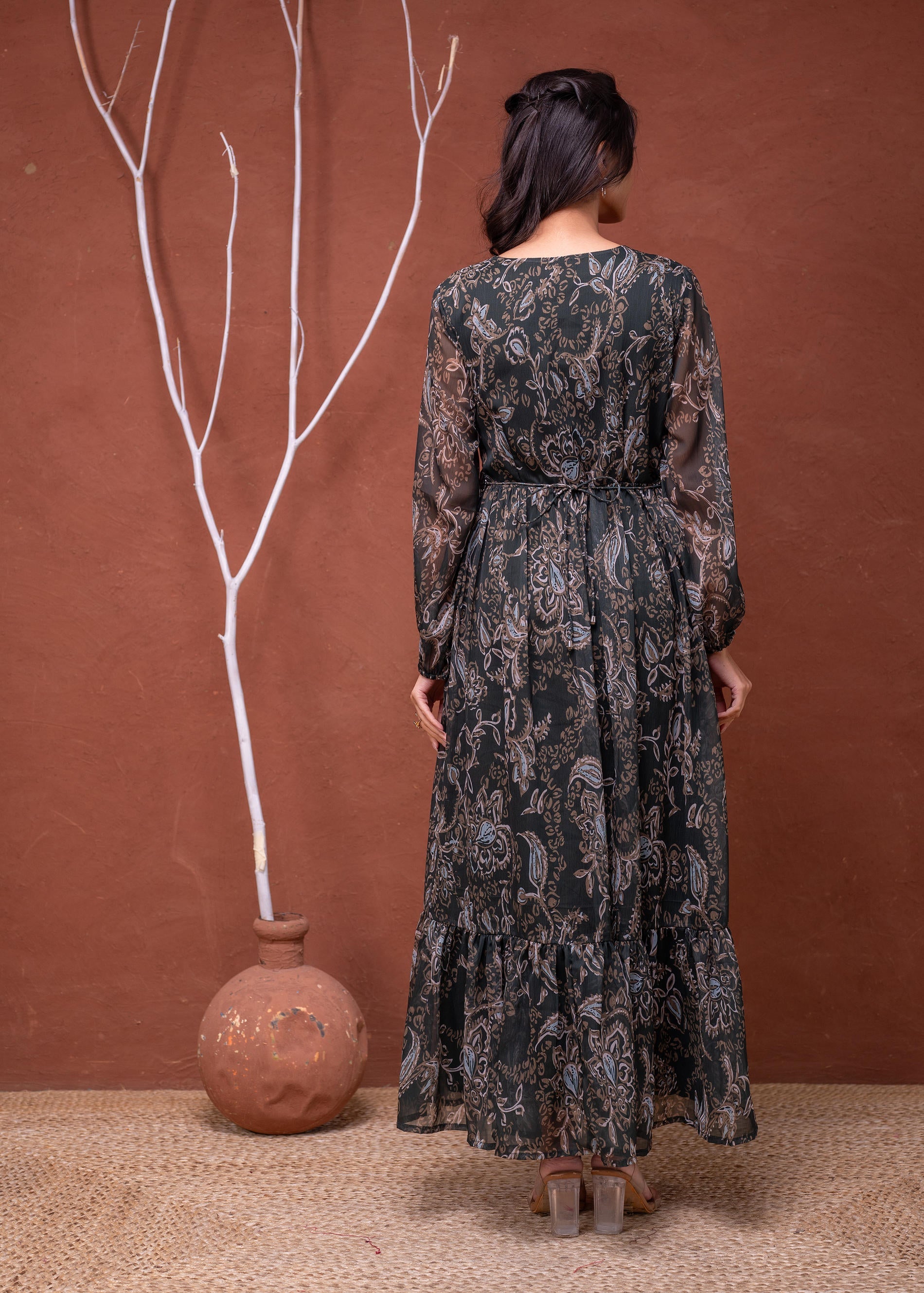 Juniper Floral Printed Dress With Sheer Sleeves & Beaded Waist Detailing