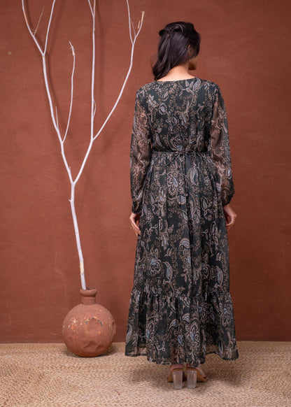 Juniper Floral Printed Dress With Sheer Sleeves & Beaded Waist Detailing