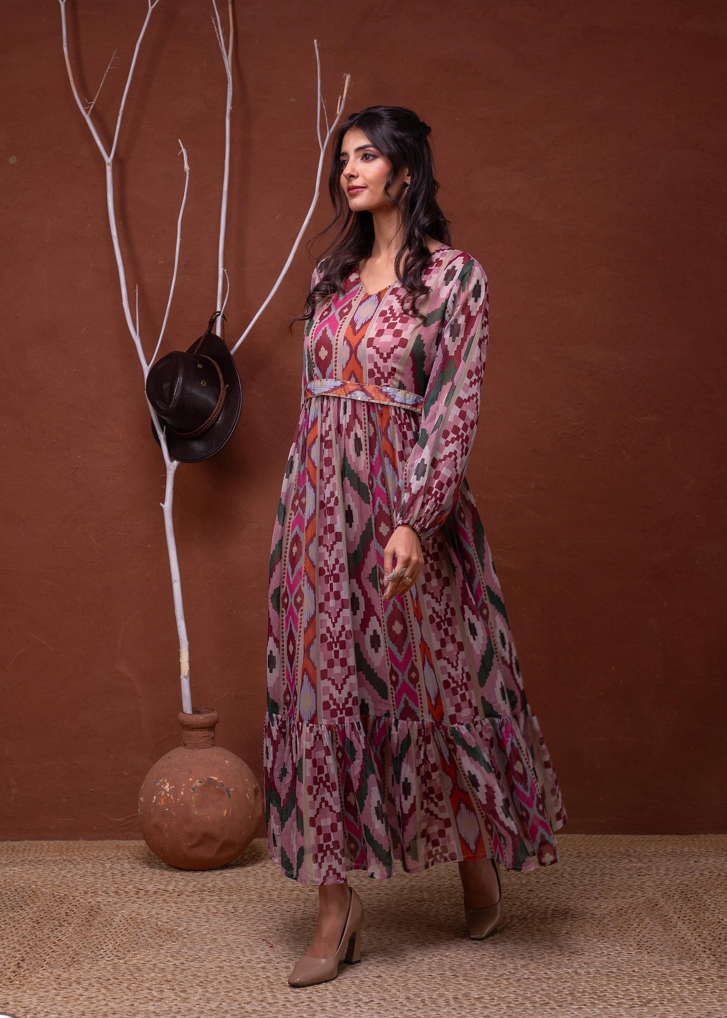 Juniper Floral Printed Pink Dress With Sheer Sleeves & Beaded Waist Detailing