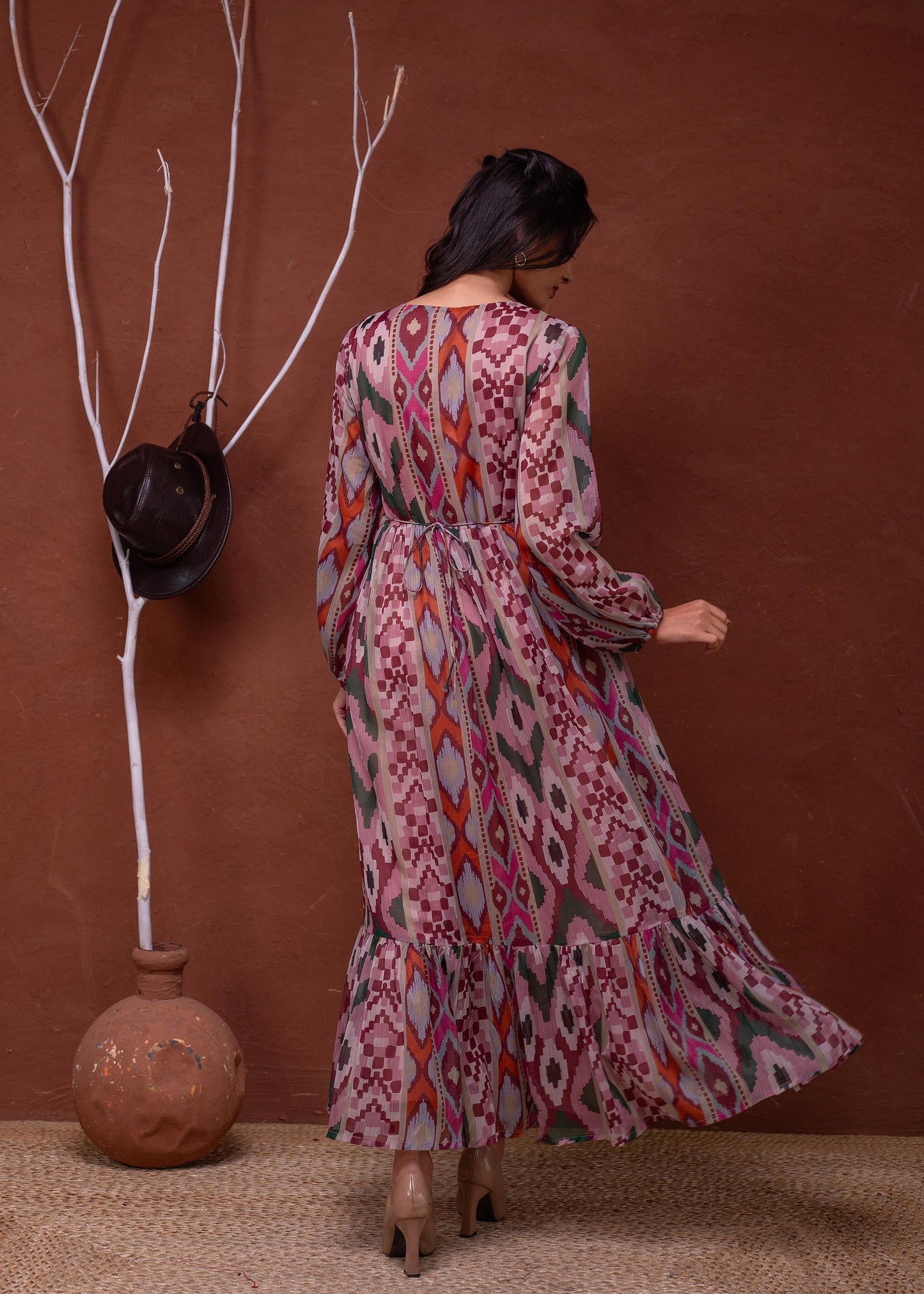 Juniper Floral Printed Pink Dress With Sheer Sleeves & Beaded Waist Detailing