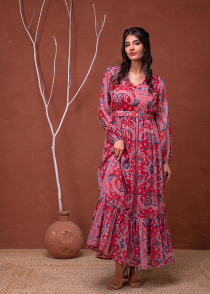 Juniper Floral Printed Red Dress With Sheer Sleeves & Beaded Waist Detailing