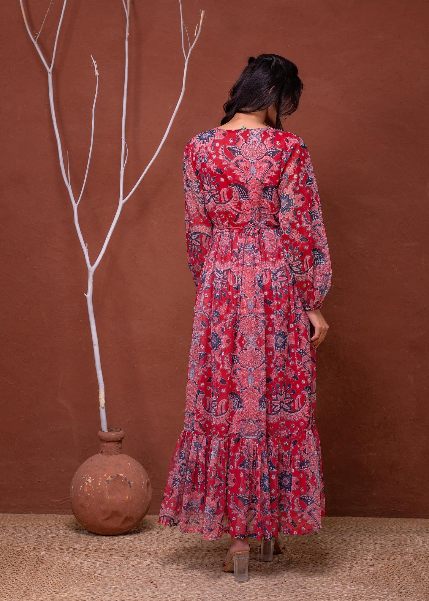 Juniper Floral Printed Red Dress With Sheer Sleeves & Beaded Waist Detailing