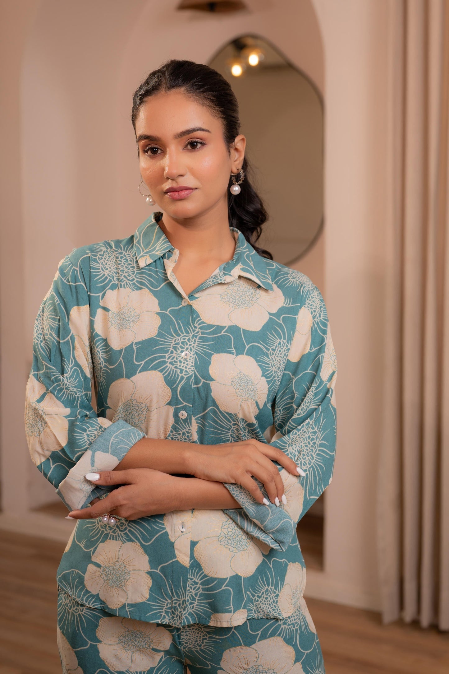 Juniper Women'S Mint Floral Printed Co-Ord Set With Button Details