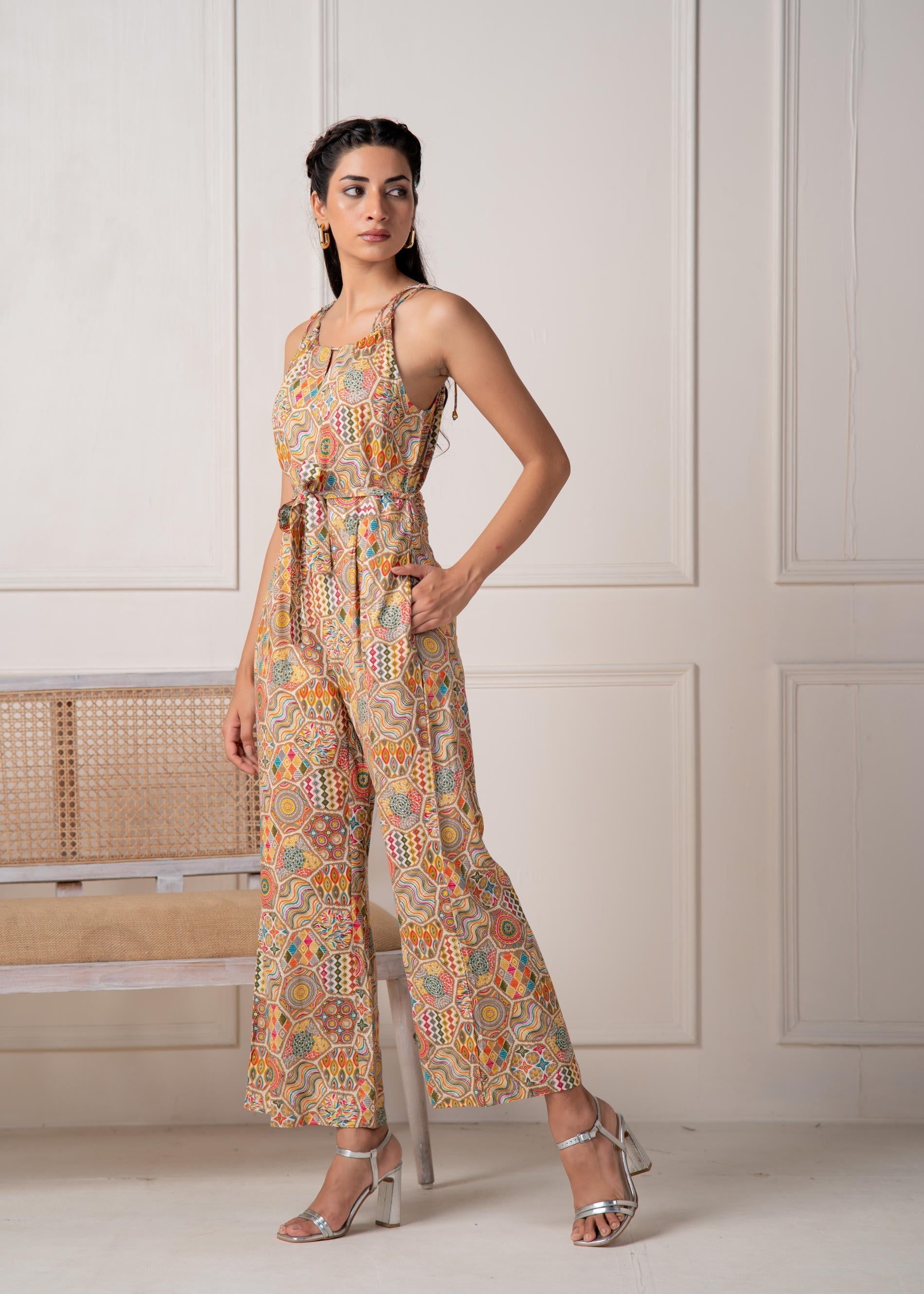 Juniper Multi Printed Abstract Viscose Jumpsuit With Belt