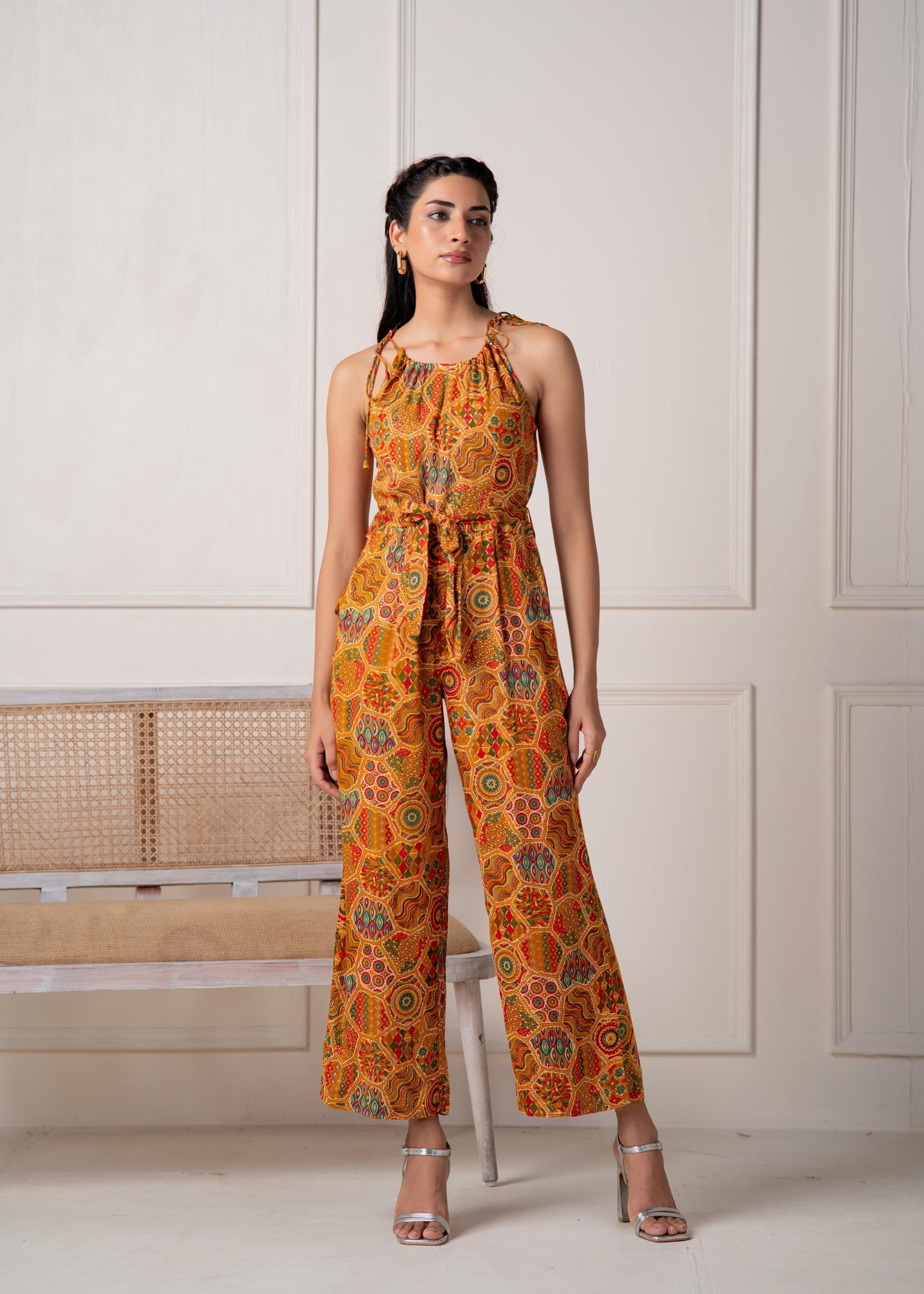 Juniper Mustard Printed Abstract Viscose Jumpsuit With Belt