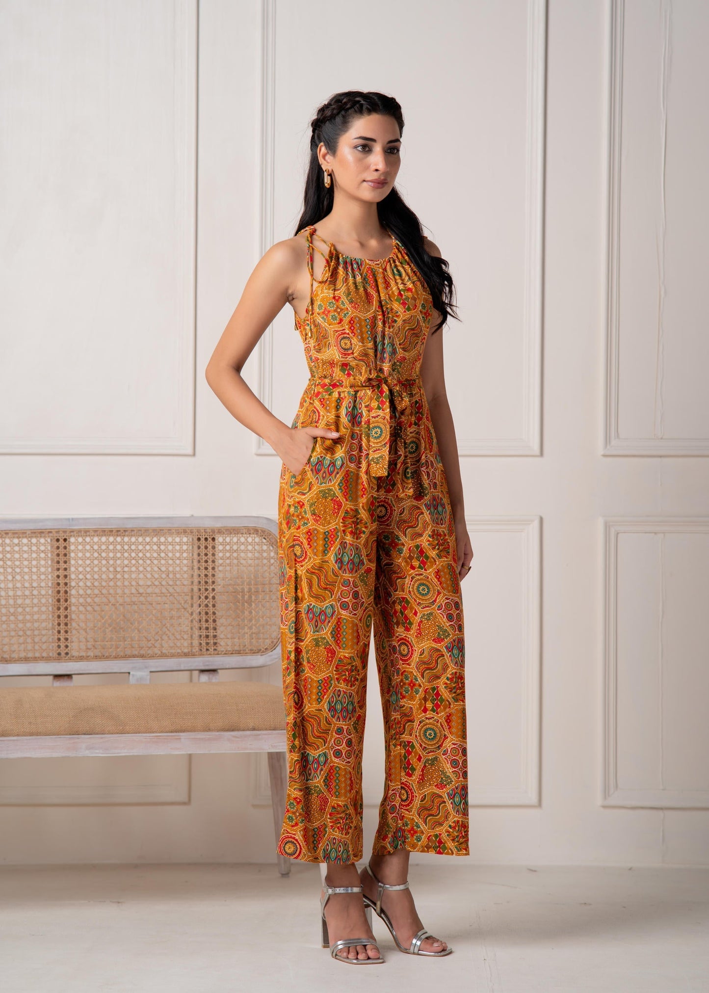 Juniper Mustard Printed Abstract Viscose Jumpsuit With Belt