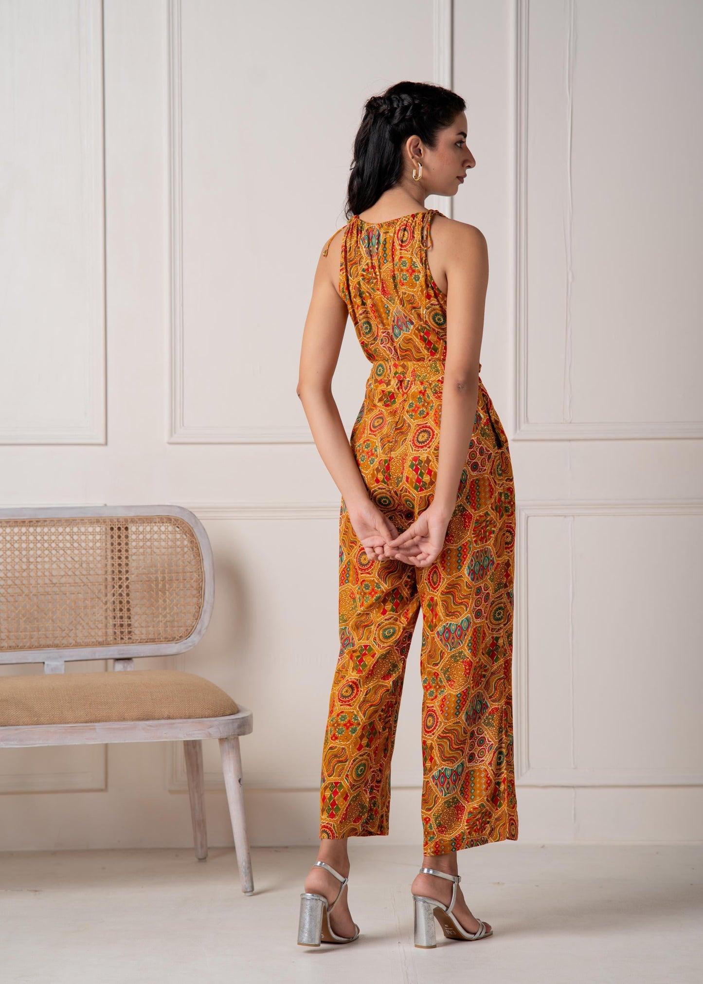 Juniper Mustard Printed Abstract Viscose Jumpsuit With Belt