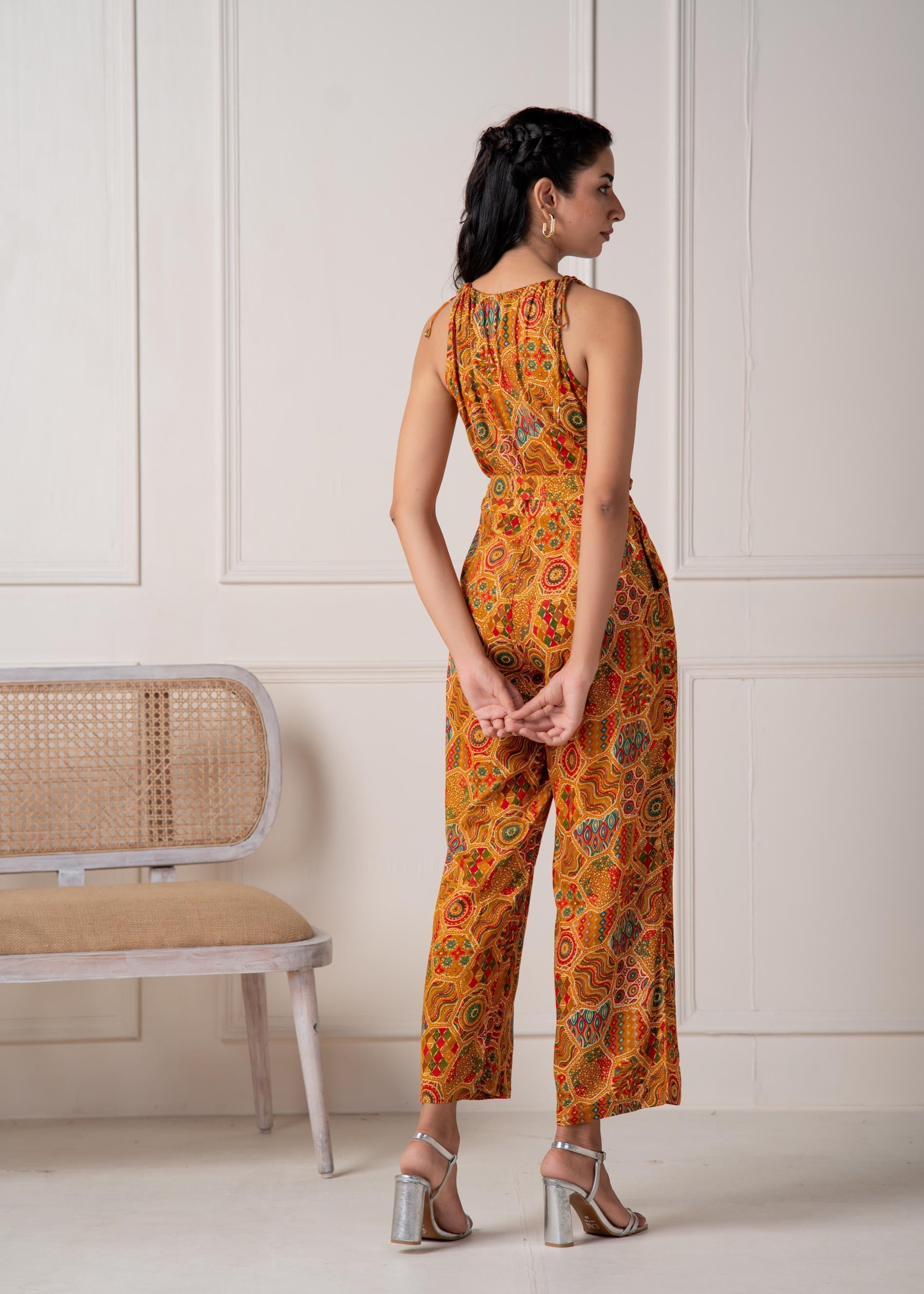 Juniper Mustard Printed Abstract Viscose Jumpsuit With Belt