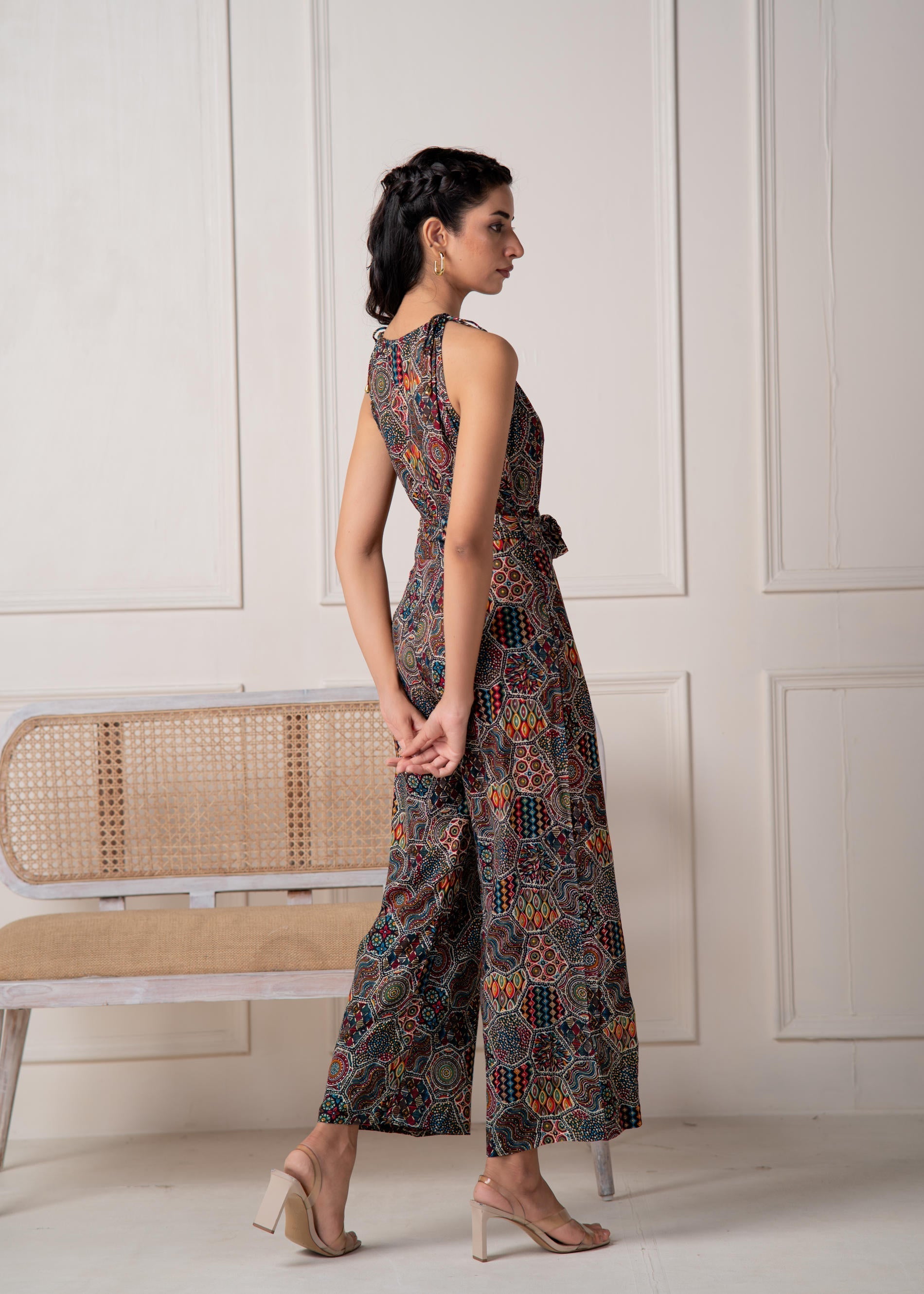 Juniper Navy Printed Abstract Viscose Jumpsuit With Belt