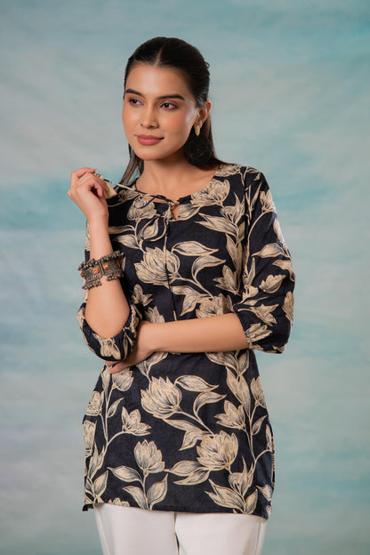 Juniper Grey Floral Printed Viscose Tunic