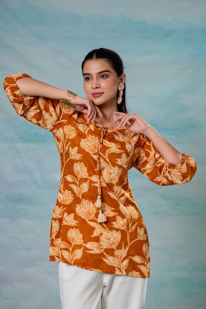 Juniper Mustard Floral Printed Viscose Tunic