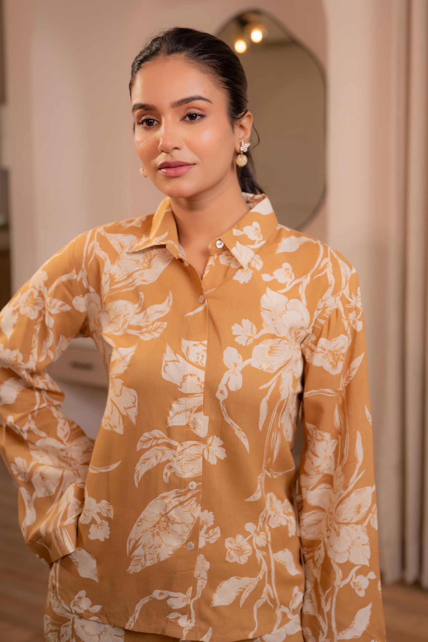 Juniper Mustard Floral Printed Co-Ord Set With Button Details