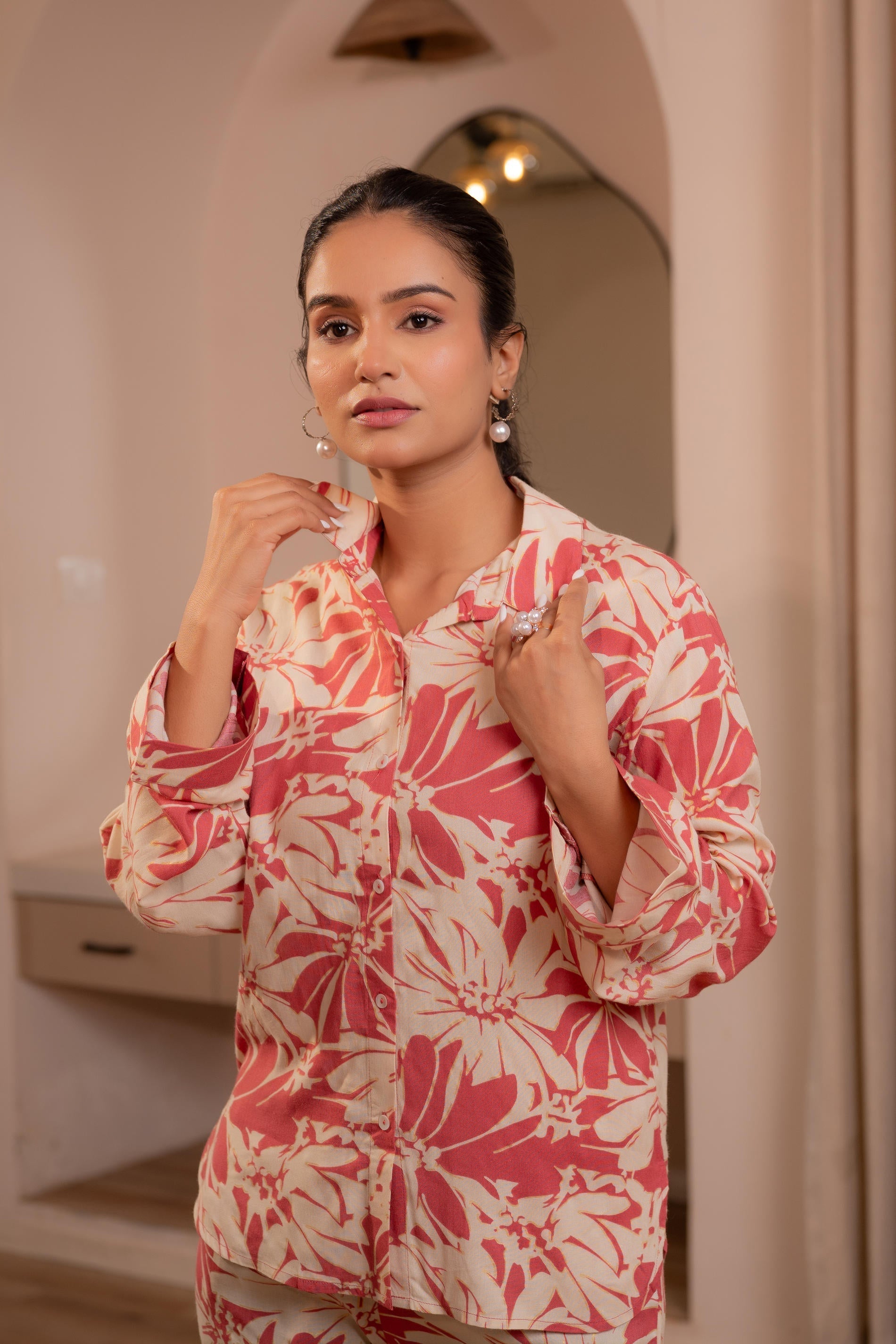 Juniper Dusty Pink Floral Printed Co-Ord Set With Button Details