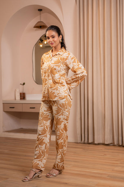 Juniper Brown Floral Printed Co-Ord Set With Button Details