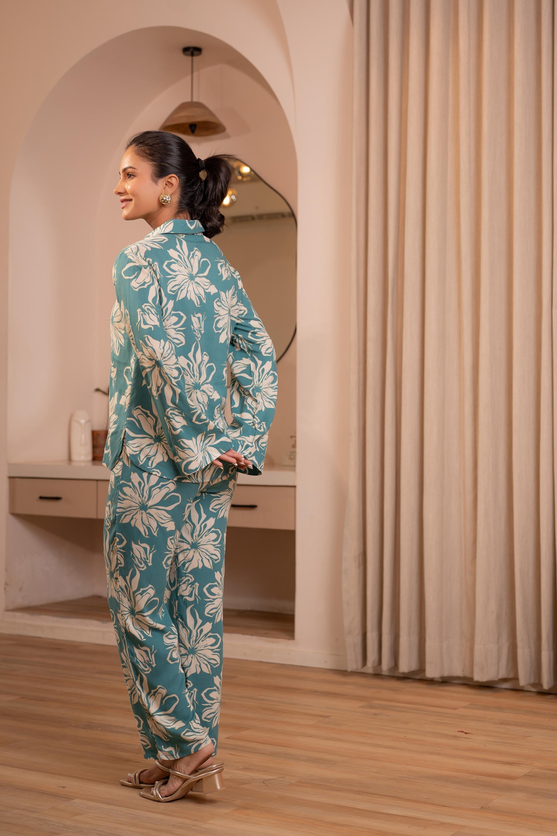 Juniper Mint Floral Printed Co-Ord Set With Button Details