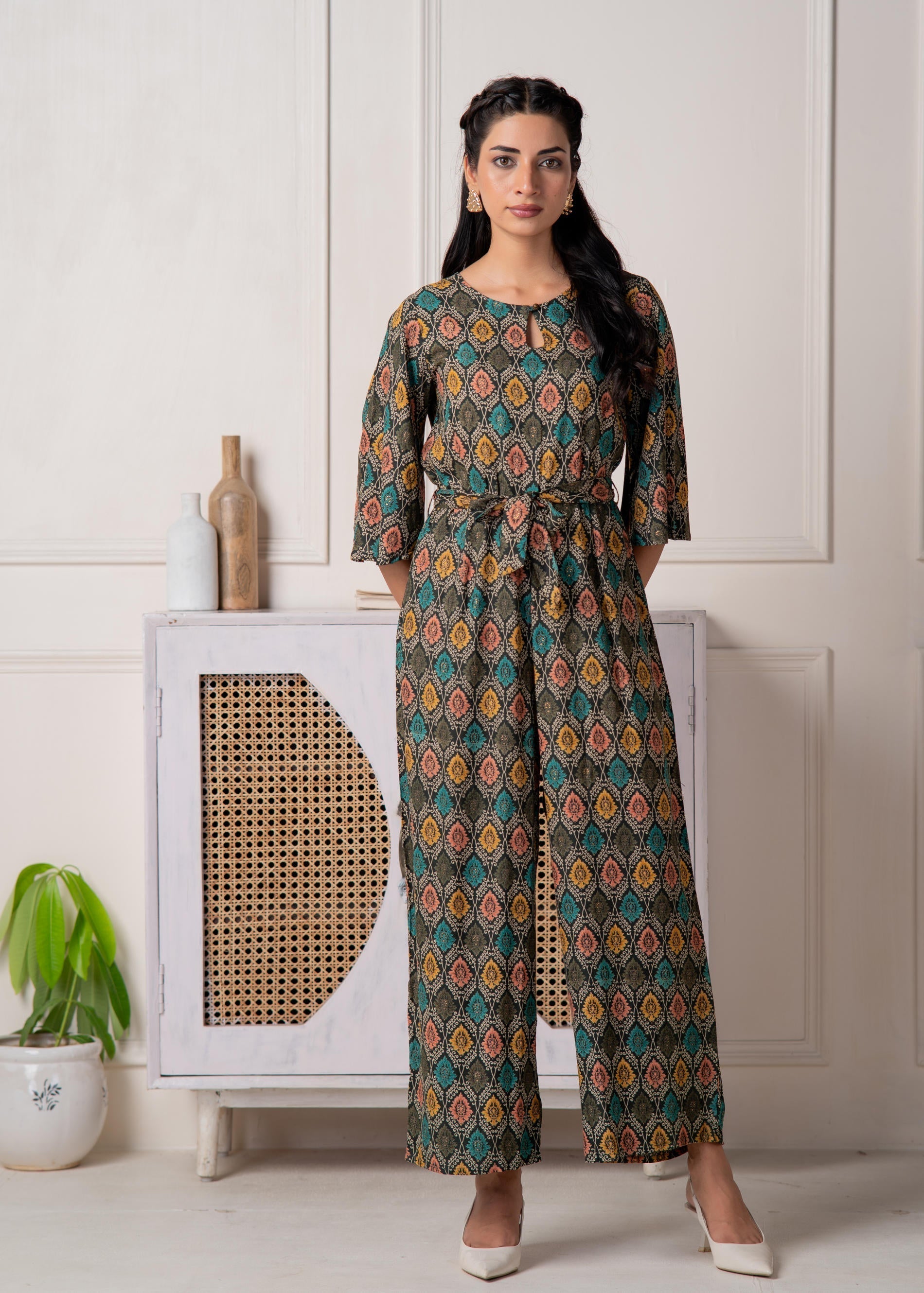 Juniper Green Floral Printed Viscose Jumpsuit With Belt