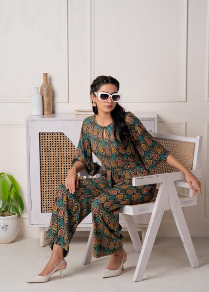 Juniper Green Floral Printed Viscose Jumpsuit With Belt