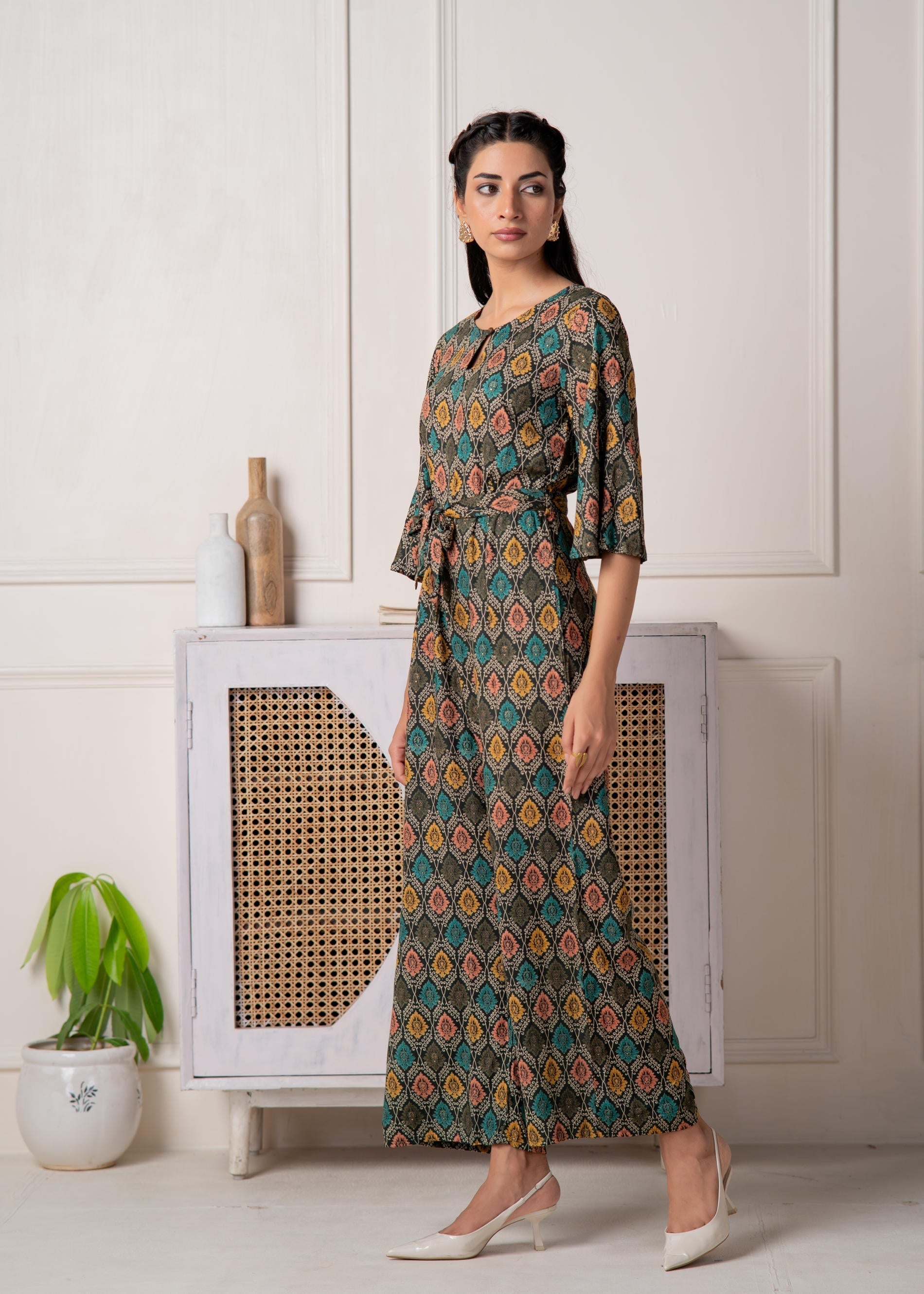Juniper Green Floral Printed Viscose Jumpsuit With Belt