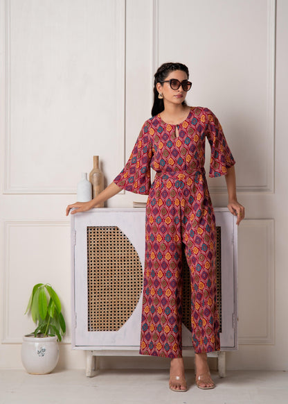 Juniper Red Floral Printed Viscose Jumpsuit With Belt