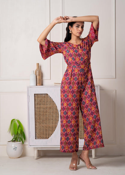 Juniper Red Floral Printed Viscose Jumpsuit With Belt