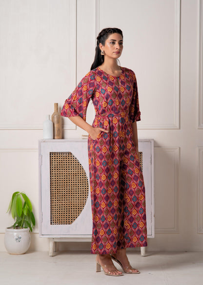 Juniper Red Floral Printed Viscose Jumpsuit With Belt