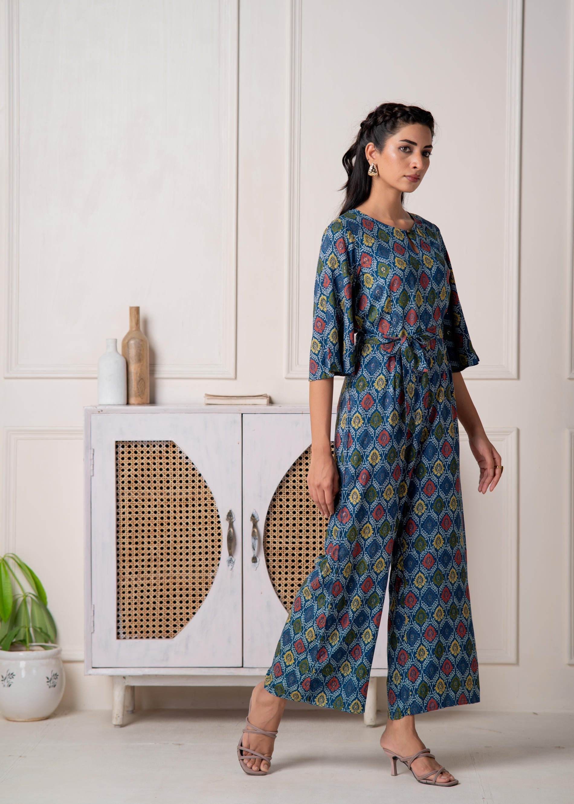 Juniper Teal Floral Printed Viscose Jumpsuit With Belt